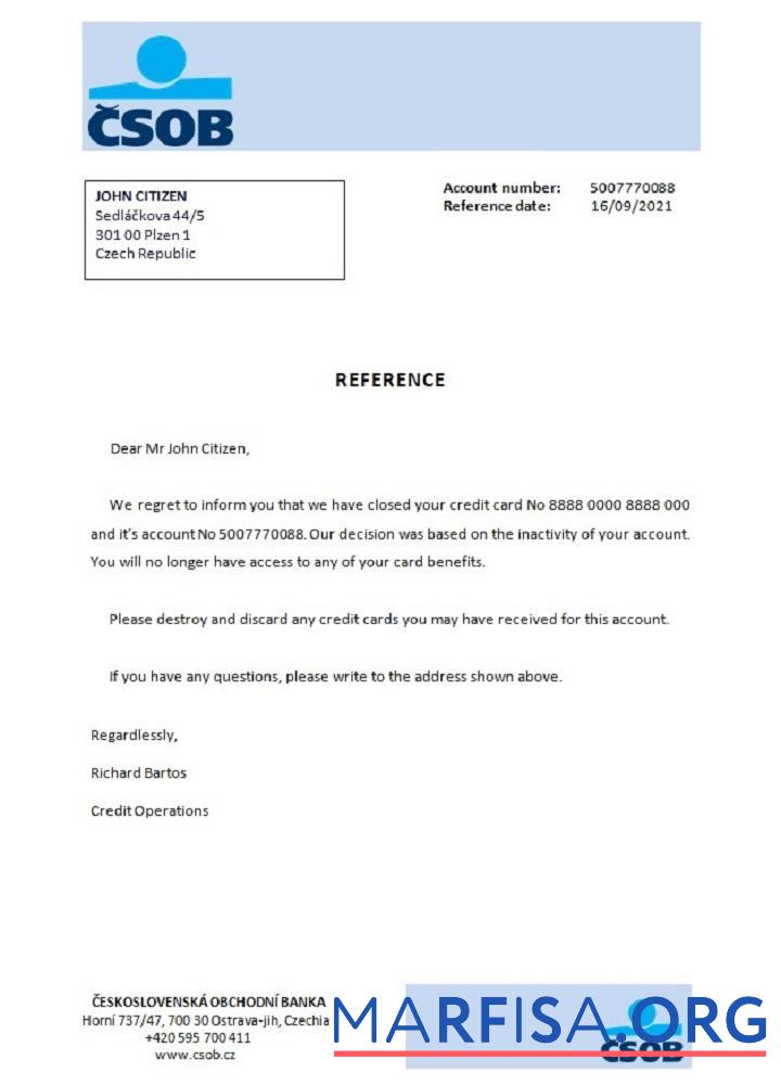 Blank Czech Republic CSOB closure reference example